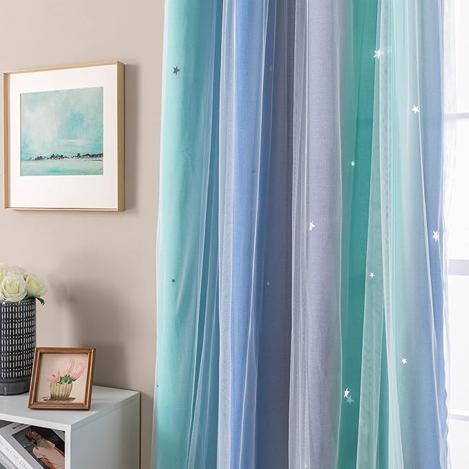 XiDi Curtains for Bedroom Decor, Rainbow BluGrenGrey-34-54