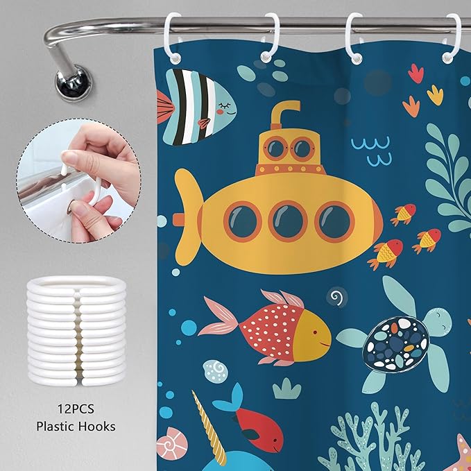 Navy Blue Kids Shower Curtain 60Wx72H Kid Ocean Summer Cartoon Whale Cute Funny Fish Sea Animal Underwater Submarine Coastal Bathroom Decor Boy Girl Bath Curtain Polyester 12 Pack Hooks