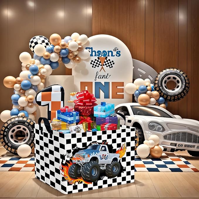 ASKETAM Racing Car Storage Basket Monster Truck Toy Book Shelf Basket Kid Room Decor Gift (Black and White Checkered)