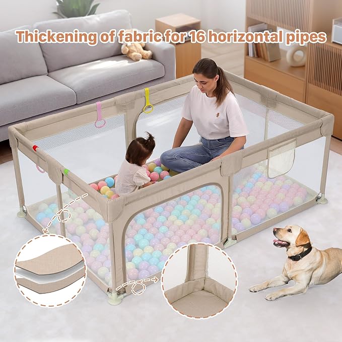Dripex Large Baby Playpen 71×47 Inch, Big Play Pens for Babies and Toddlers- Indoor & Outdoor Kids Safe Play Area, Soft Breathable Visible Mesh, Anti-Fall & Anti-Slip Design Baby Fence, Khaki