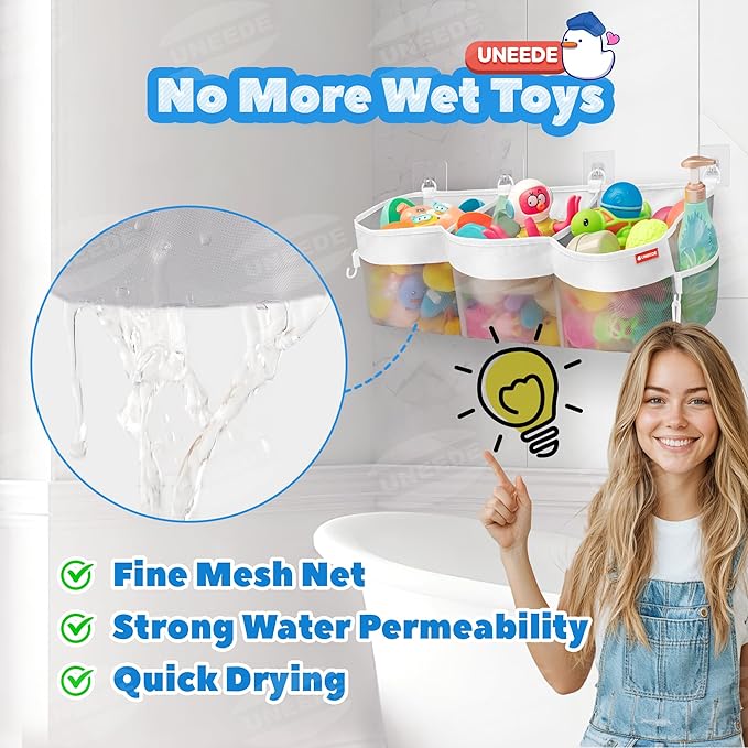 UNEEDE 4.95 Gallons 3 Compartment Horizontal Bath Toy Storage,Bathtub Toy Storage Organizer,Bath Toy Holder For Bathtub,Baby Bath Toy Organizer For Tub,Mesh Shower Caddy(Gray)