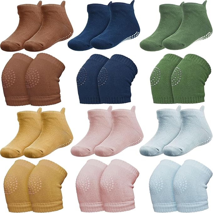 Geyoga 12 Pairs Baby Crawling Anti Slip Knee Pads and Baby Anti slip Socks Toddler Knee Protector