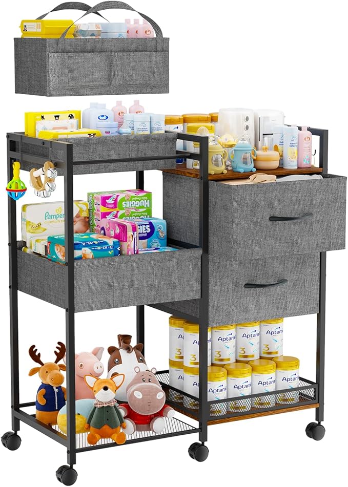 Baby Storage Cart with Drawers, Baby Diaper Caddy Organizer with Removable Dividers, Baby Closet Organizer, 2In1 Rolling Cart for Nursery Essentials & Baby stuff