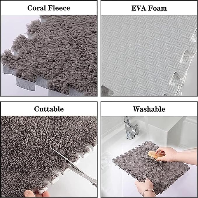 12pcs Plush Puzzle Foam Floor Mat, Cute Soft Fluffy Interlocking Square Foam Tiles Area Rugs Carpet for Parlor Bedroom Decoration(11.8x11.8x0.4in, Rose Red&Pink&White)