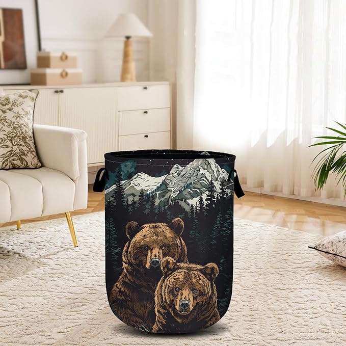 Brown Bear Mountain Laundry Basket, Laundry Hamper Collapsible Oxford Cloth with Handle Clothes Toy Storage Bin for Bathroom Laundry Room Bedroom 15.7 X 20 Inch