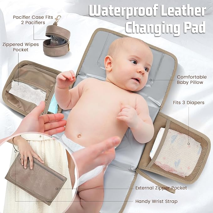 ROSEGIN Premium Vegan Leather Diaper Bag Backpack with Waterproof Changing Pad – Reinforced Stitching & Zippers, Baby Bag for Boy Girl, Stroller Straps, Ergonomic Design for Traveling Moms, Taupe