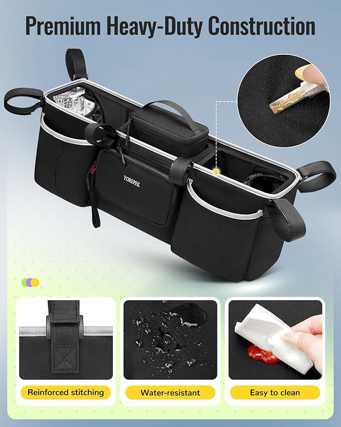 YOREPEK Heavy Duty Double Stroller Organizer for Bob Duallie, Baby Jogger City Mini GT2 and Jeep,Stroller Caddy with Detachable Cooler Bag and Handbag,Stroller Storage Attachment for Baby Accessories