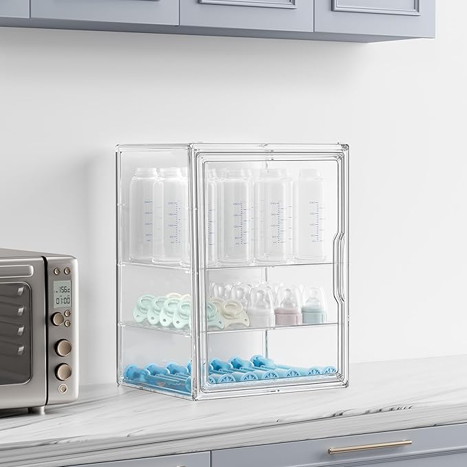 HBlife Baby Bottle Storage Organizer for Countertop Cabinet, 3 Tiers Adjustable Clear Acrylic Bottles Storage Station Case Box Container with 2 Removable Dividers and Magnetic Door, Large