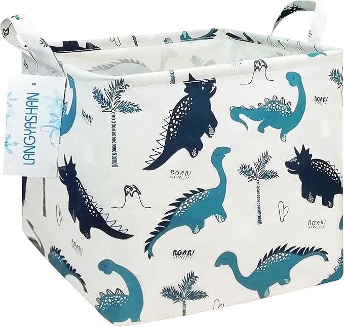 LANGYASHAN Square Storage Baskets Waterproof Canvas Children Laundry Nursery Hamper for Shelves Gift Baskets Toy Organizer Room Decor (Square Dinosaur)