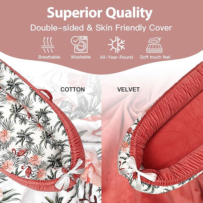 Baby Lounger-Breathable and Soft Organic 100% Cotton, Portable Infant Lounger with Removable Lounger Cover, Baby nest Lounger for Newborn - Red Flamingo