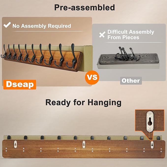 Dseap Coat Rack Wall - Heavy-Duty 38-1/4" Long, with Reinforced 10 Custom Tri-Hooks, Solid Wood Wall Hanger for Coats Hat Jackets - Rustic Farmhouse Entryway Storage,Weathered Green & Black,Pack of 2