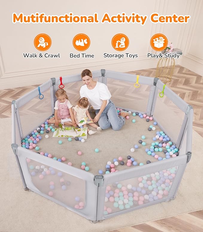 Dripex Foldable Playpen for Babies and Toddlers, 71"×69" Extra Large Baby Playpen, Indoor & Outdoor Safety Gate Collapsible Play Pen, Baby Fence Play Area with Visible Mesh, Grey