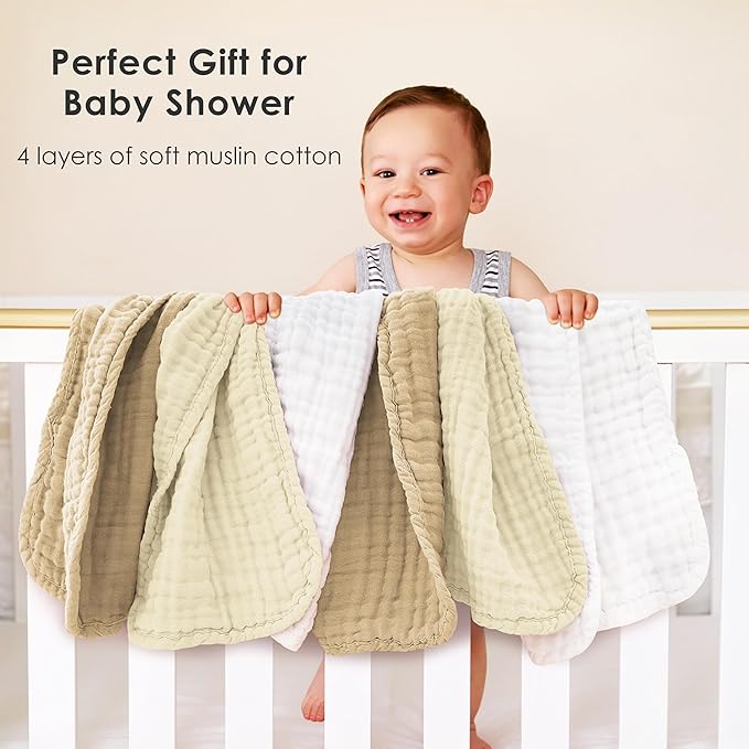 Sunny zzzZZ Muslin Burp Cloths for Baby 100% Cotton Burping Cloths for Unisex, Boy, Girl - Large 20'' by 10'' Newborn Essentials Ultra Soft Absorbent Milk Spit Up Rags - 12 Pack - White+Ivory+Brown