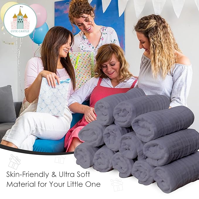 Cute Castle 12 Pack Muslin Baby Washcloths - Large 12'' by 12'' - Ultra Soft 100% Cotton - Super Absorbent Burp Cloths for Unisex, Boy, Girl -Grey