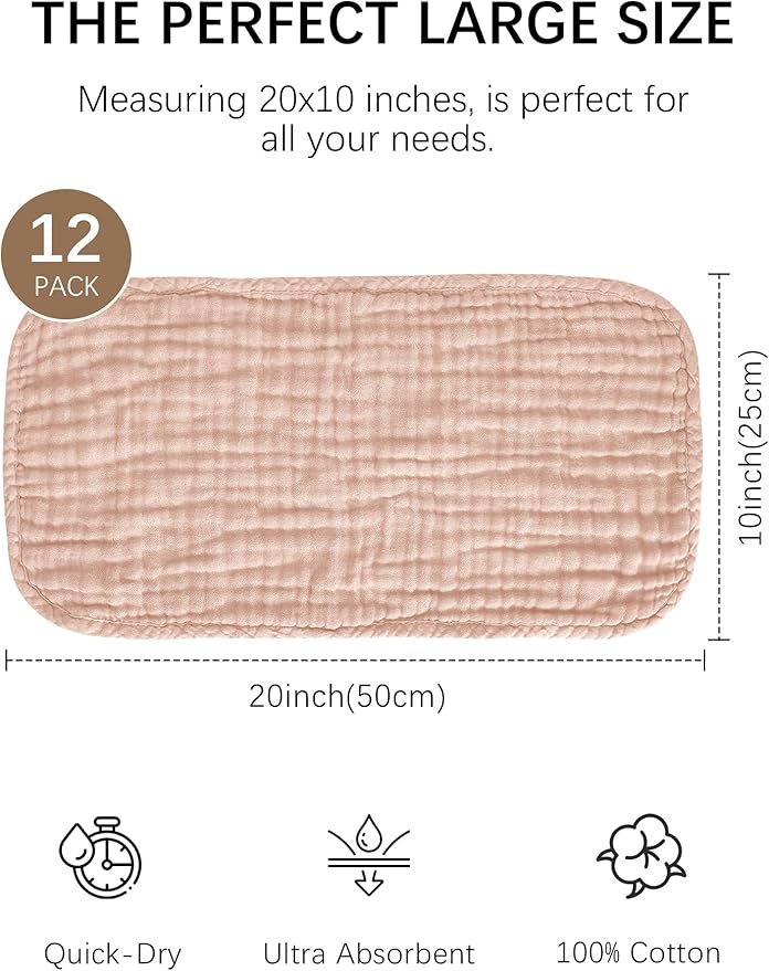 Lovely Care 12 Pack Muslin Burp Cloths 100% Cotton Muslin Cloths Large 20''x10'' Extra Soft and Absorbent Baby Burping Cloth - Warm Clay