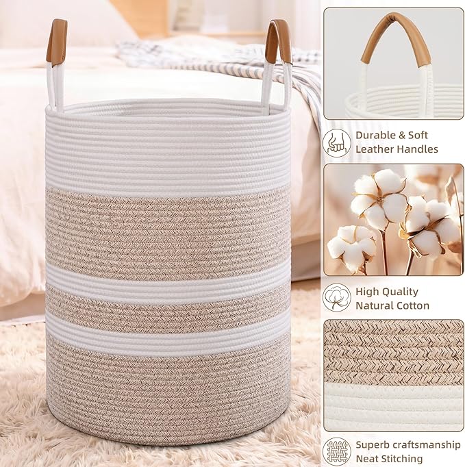 Degeyoyo 75L Striped Laundry Basket, Brown Laundry Hamper with Leather Handles, Woven Cotton Rope Storage Bin for Blankets, Nursery Hamper for Clothes, Toys In Bathroom, Livingroom, Bedroom