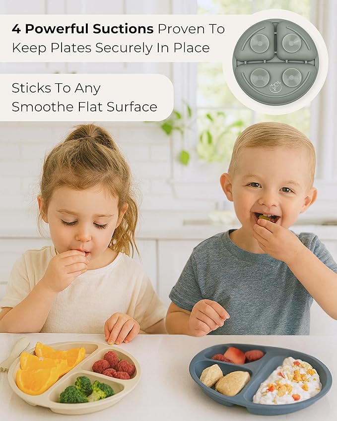 Hippypotamus Toddler Plates with Suction - 100% Food-Grade Silicone Baby Plates - Microwave & Dishwasher Safe - BPA Free - Set of 3 (Sage/Blush/Nude)