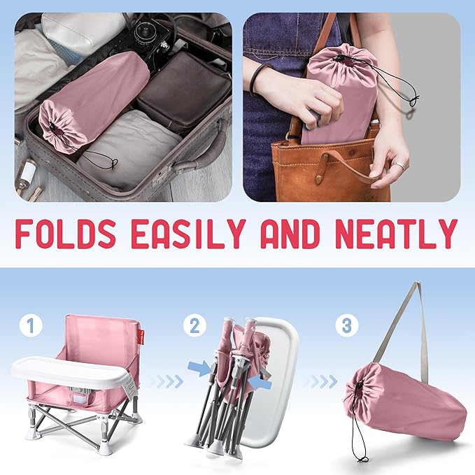 Tiny Marvels Portable Booster Seat, Foldable Baby High Chair with Removable Tray, Safety Harness & Carry Bag – for Toddlers Ages 6M-3Y, Ideal for Dining, Travel, Camping & Family Time