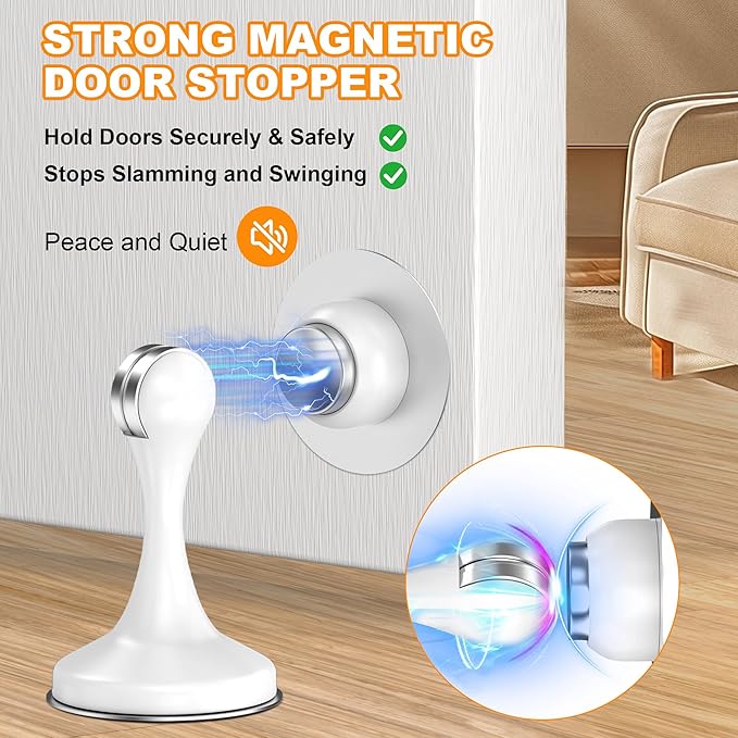 Crosize Magnetic Door Stoppers 1 Pack, Stainless Steel Door Stops for Wall and Floor Mounting, Door Holder Keep Door Open, No Drilling Door Stop with Adhesive Tapes, White