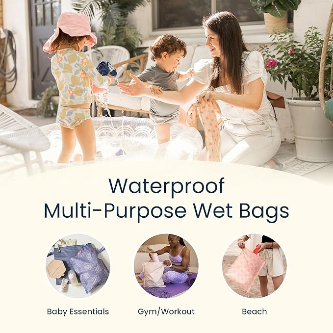 Tiny Twinkle Mess Proof Wet Bags | 2-Pack Reusable Waterproof Wet Bags for Swimsuits | Baby Clothes | Travel & Diaper Bag (Dinosaur)