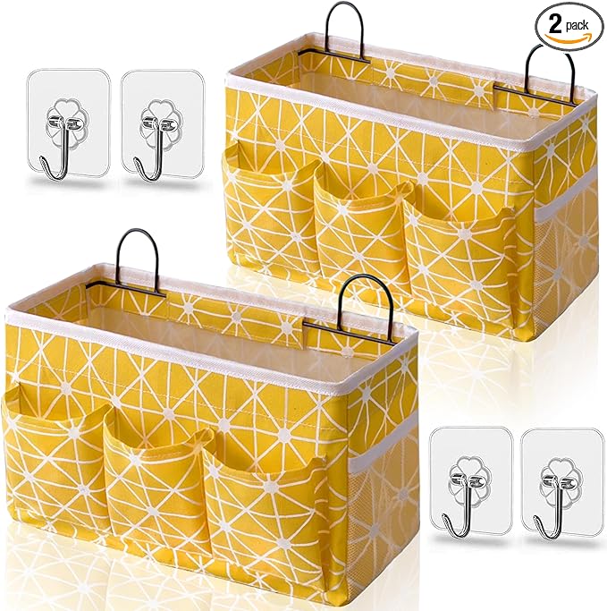 2pcs 3-pockets Large Wall Hanging Organizer Bag, Linen Fabric Door Hanging Storage Baskets with Pockets, Waterproof Bin for Kitchen, Bedroom, Office, RV Camper (Yellow_2pcs)