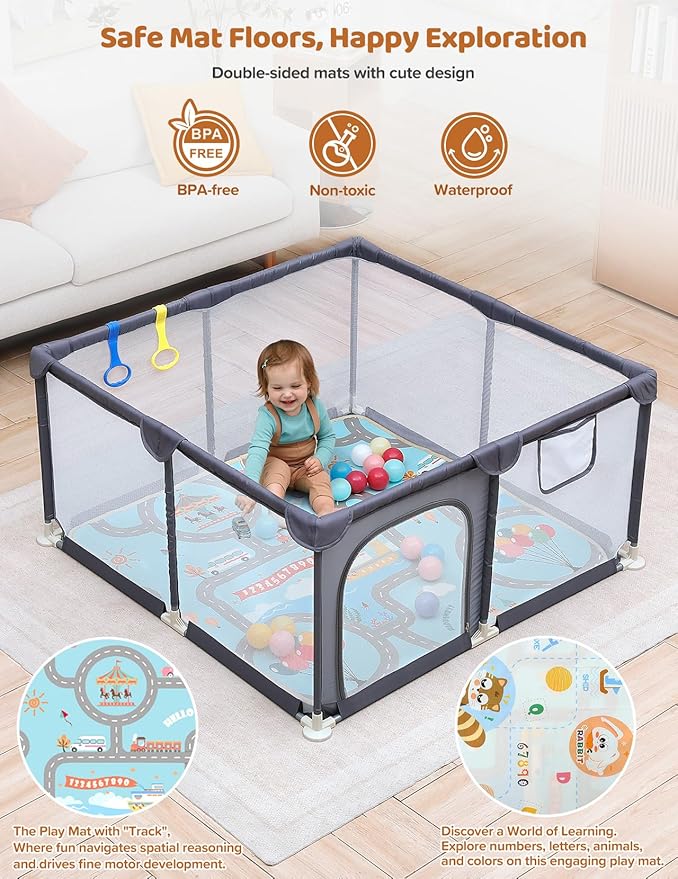 Dripex Baby Playpen with Mat, 47"x47" Play Pen for Toddlers 1-3 Years, Soft Breathable Visible Mesh, Indoor/Outdoor Portable Play Yard with Mat, Safe Baby Fence Play Area, Grey