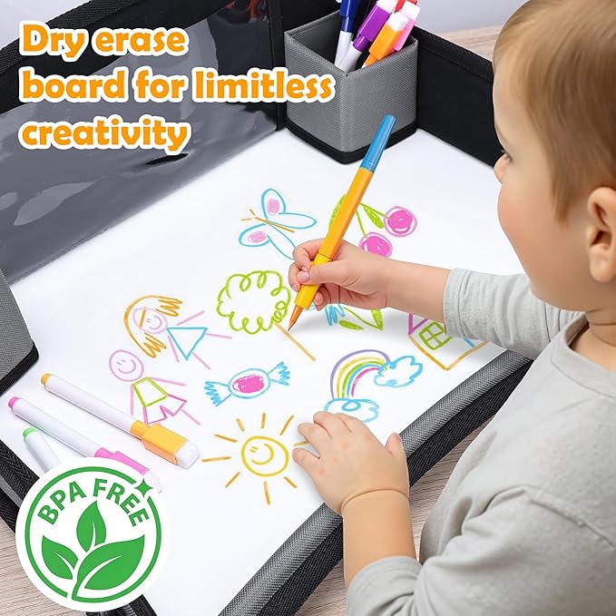 Kids Travel Tray for Toddler Carseat, Road Trip Activities Essentials, Kids Lap Desk Tray with Tablet Holder Stand and Dry Erase Board, Grey