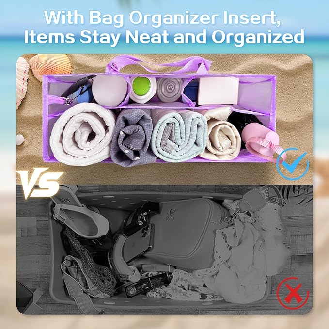 XYFuuee Beach Bag Organizer Inserts for Large Simple Modern Bag Accessories, with 8 Removable Metal Fasteners, Lightweight Mesh Insert Divider Pouch, Organizing Rubber Tote, Save Space, Purple