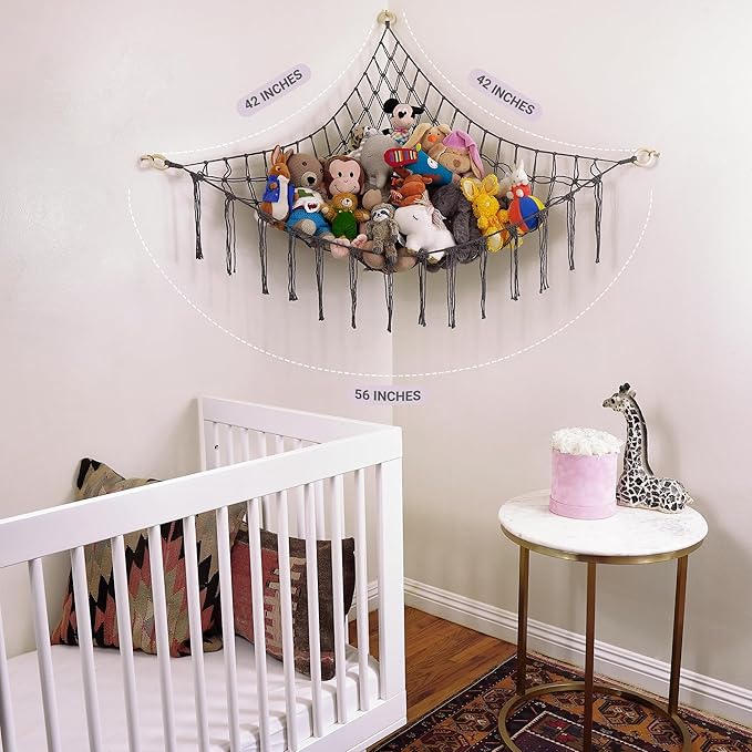 ABBY BABY Large Stuffed Animal Hammock Corner - Stuffed Animal Storage - 100% Natural Cotton Macrame Stuffed Animal Net - Stuff Animal Organizer - Net for Stuffed Animals Corner Large-Gray
