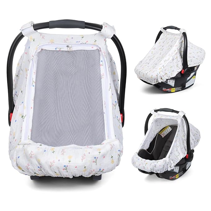 Orzbow Cotton Baby Car Seat Cover, Breathable Car Seat Canopy for Girls Boys with Mesh Window, Lightweight Baby Carrier Cover for Wind, Dust, Sun and Insects Protection, Universal Fit, White
