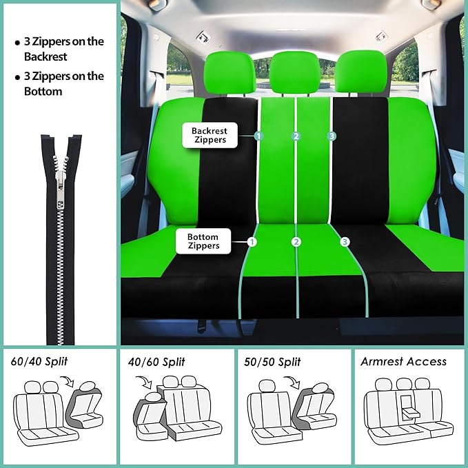 Automotive Seat Covers Green Universal Fit Combo Set with Steering Wheel Cover and Seat Belt Pad fits most Cars, SUVs, and Trucks (Airbag Compatible and Split Bench) FH Group FB030GREEN-COMBO
