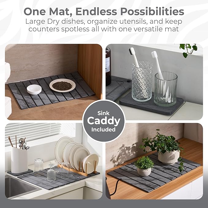 Large Stone Dish Drying Mat for Kitchen Counter, 2PCS Stone Drying Mat for Kitchen Counter, Foldable Water Absorbing Diatomaceous Earth Drying Pad for Bottles Dish Cups(Dark Gray 24"×16" & 8"x5")