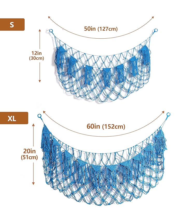 Boho Macrame Stuffed Animal Hammock with LED Lights, Wall Corner Hanging Plushie Net, Large Toy Organizer for Kids Bedroom Nursery Playroom & Dorm (Blue XL)
