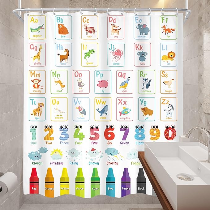 Alphabet ABC Kids Shower Curtain 60Wx72H Children Cartoon Cute Animal Colorful Educational Bathroom Curtain Set Number Learning Bath Curtain Fabric Baby Girls Boys Bathroom Decor with 12 Hooks