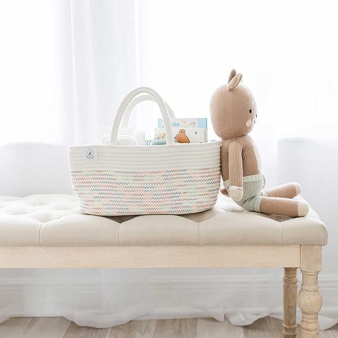 OrganiHaus Nursery Storage Basket, Cotton Rope Toy & Diaper Caddy Organizer with Handles, Baby Diaper Organizer, Foldable Design, Machine Washable, Ideal for Baby Room & Laundry - Stitches Rainbow