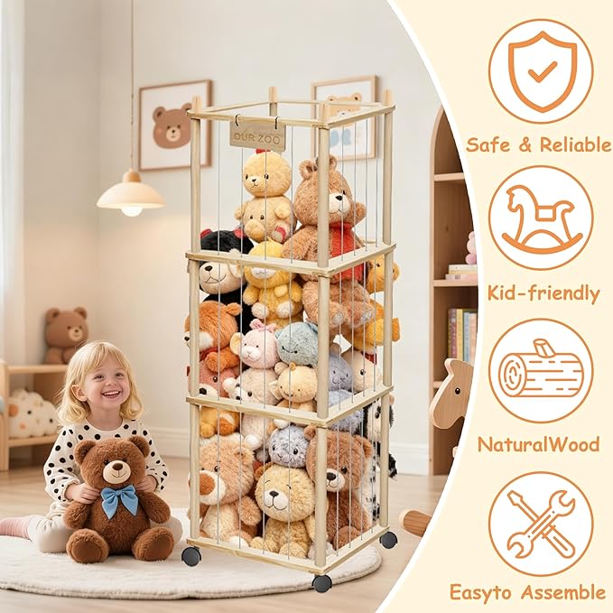 yofit 56 Inch Toy Organizer and Stuffed Animal Storage with Wheels - Zoo Storage Tower with Removable Dust-Proof Cover & Elastic Bands | for Playroom, Bedroom, Living Room Organization