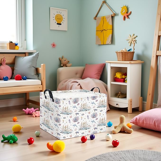 TIBAOLOVER Rectangular Kids Storage Basket Boys for Home Kitchen Girls Cute Storage Bin Organizer Shelf Book Room Decor(Sea Castle)