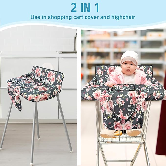 Shopping Cart Cover for Baby,2-in-1 High Chair Cover Soft,Portable, and Machine Washable,Comfortable Cotton Seat Pad with Safety Harness and Portable Cloth Bag,Fits All Supermarkets and Restaurants