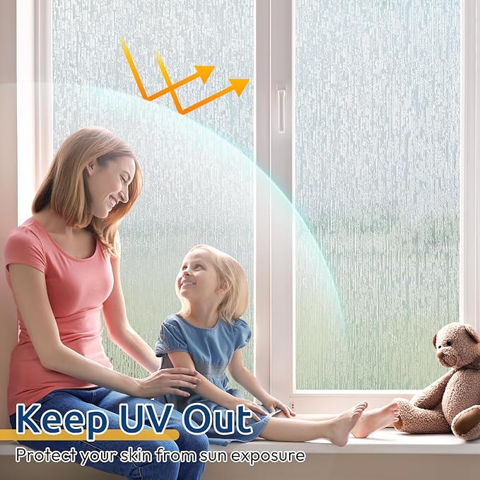 rabbitgoo Window Privacy Film Frosted Glass Clings, Decorative Sun UV Blocking Static Cling Window Covering, Removable Frosting Sticker for Home, Rain Silk, 35.4 x 118.1 Inches