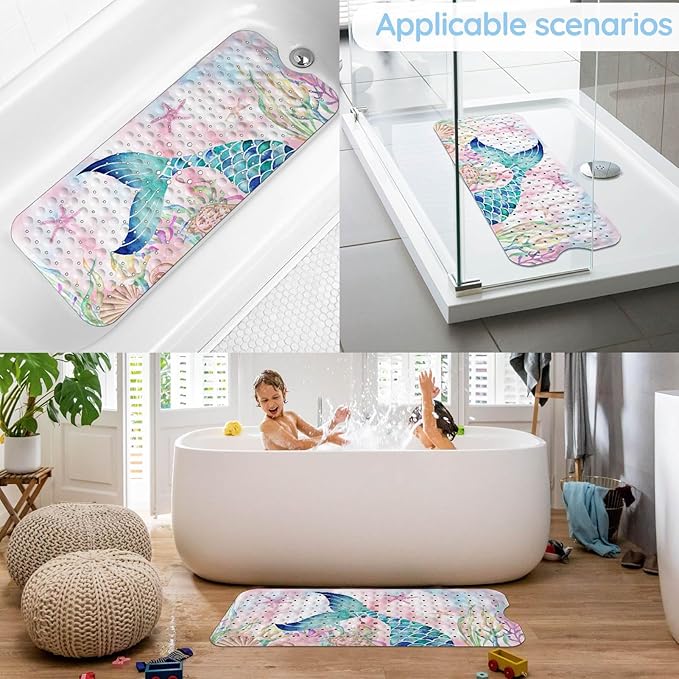 KINUUIS Bathtub Mats for Kids, Pink Mermaid Bath Mat for Tub Non Slip, 40 X 16 Inch Large Washable Bathtub Mat Non Slip for Showers with Drain Holes and Suction Cups