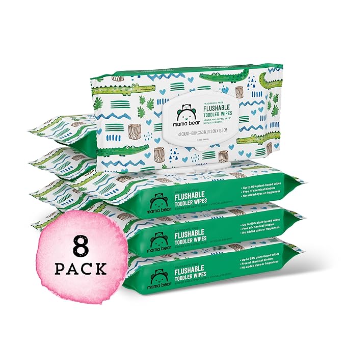 Amazon Brand - Mama Bear Flushable Toddler Toilet Wipes, Unscented, Formulated without Fragrance, Hypoallergenic, Plant-Based, Septic Safe, 336 Count, 8 Packs of 42