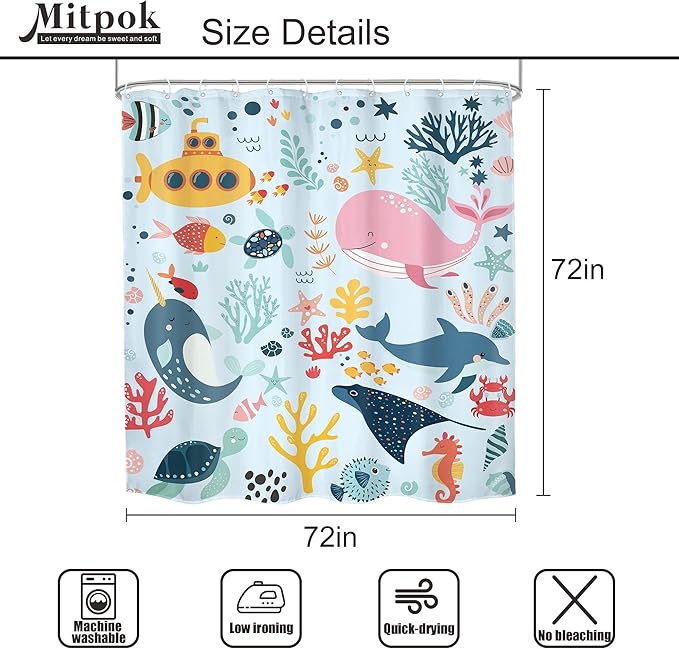 4 PCS Blue Kids Bathroom Set Summer Ocean 72Wx72H Shower Curtain Set Bath Rug Toilet Lid Cover Nonslip U Shape Mat Whale Funny Cartoon Cute Animal Resistant Accessories 12 Hooks Bathroom Decor