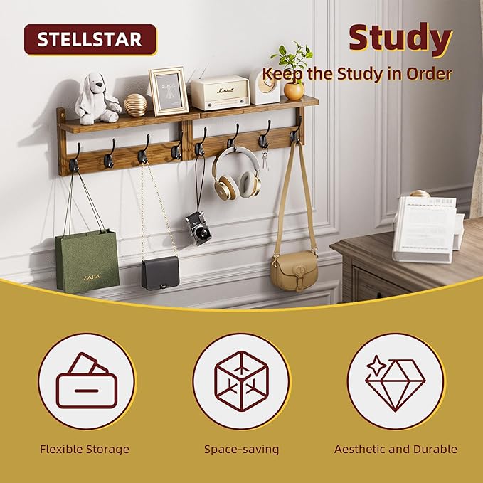 STELLSTAR Coat Rack with Shelf Wall Mount, Entryway Bamboo Hanging Shelf, Set of 2, Wall Hook Rail for Hallway Décor, Storage Clothe, Hat, Robe, Key, Dog Leash (Walnut)