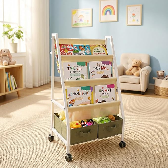 EARLY MINDS 3-Tier Kids Bookshelf with Storage, Wheels & Handle, Montessori Sling Book Organizer for Toddlers, Easy-to-Move Book Shelf, Nursery Bedroom Bookshelf
