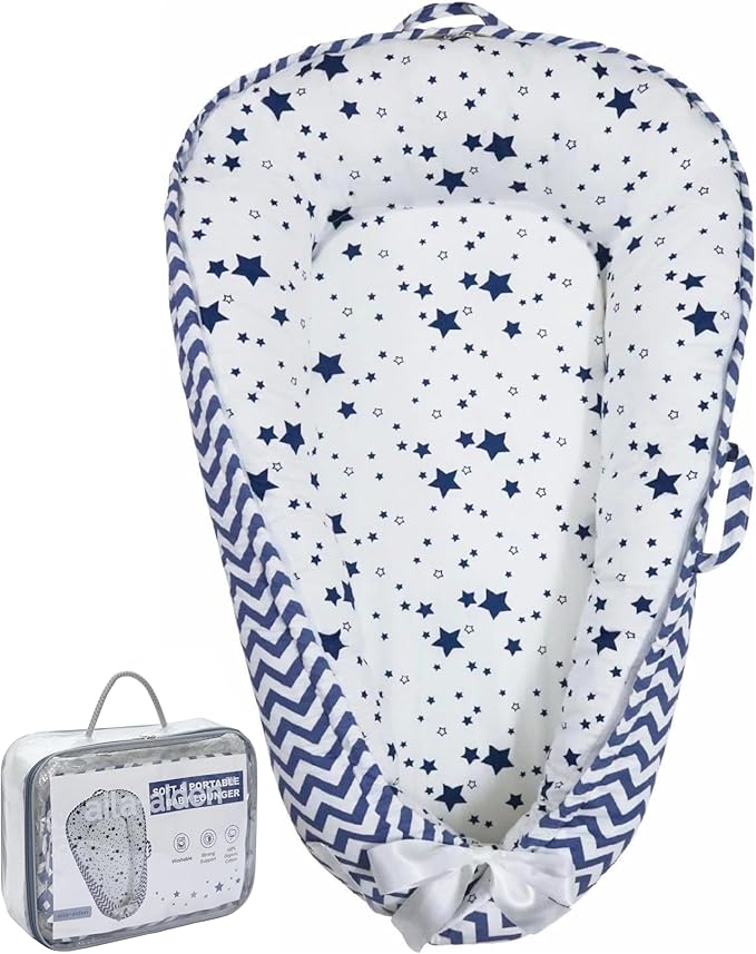Aila+Aiden Baby Lounger | Organic Cotton Infant Lounger| Reversible, Adjustable & Portable Floor Lounger |Supervised Use | Soft, Breathable, Washable Cover - Star Collection (Blue)