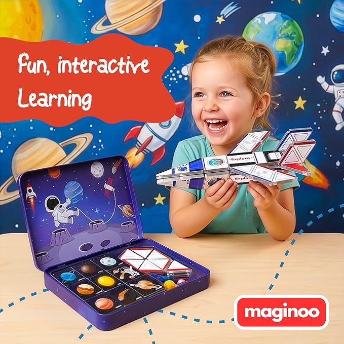 Maginoo 42PCS Mini Magnetic Tiles Space Rocket Travel Set with Iron Box STEM Educational Building Blocks Magnetic Construction Toy for Kids Ages 3 to 8 Creative Gift for Boys and Girls