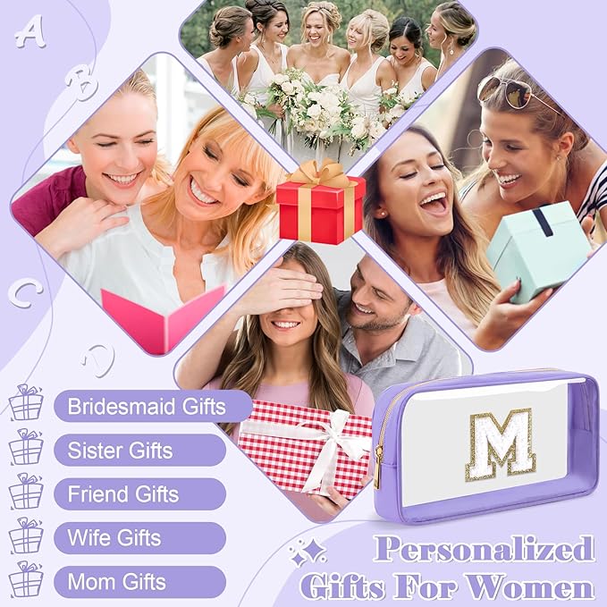 Personalized Initial Letter Clear Makeup Bag,Preppy Small Nylon&PVC Cosmetic Zipper Bag with Chenille Letter,Travel Skincare Toiletry Bag,Monogram Christmas Gift for Teen Girls Women,M