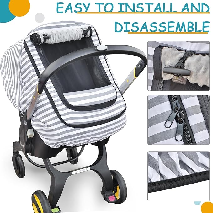 Car Seat Covers for Babies,Baby Car Seat Cover for Boys Girls,Windproof Infant Carseat Cover,Kick-Proof Car Seat Canopy with Breathable Mesh Peep Window(Grey Stripe)