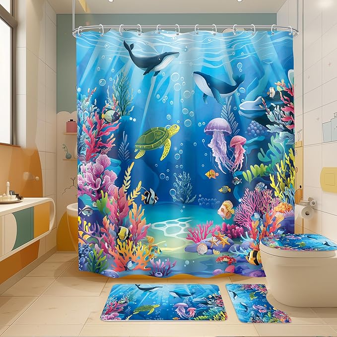 4 PCS Ocean Beach Shower Curtain Set 72Wx72H Sea Whale Turtle Nautical Bathroom Set Non-Slip Bath Rug Toilet Lid Cover U Shape Mat Complete Bathtub Accessories with 12 Hooks Bathroom Decor