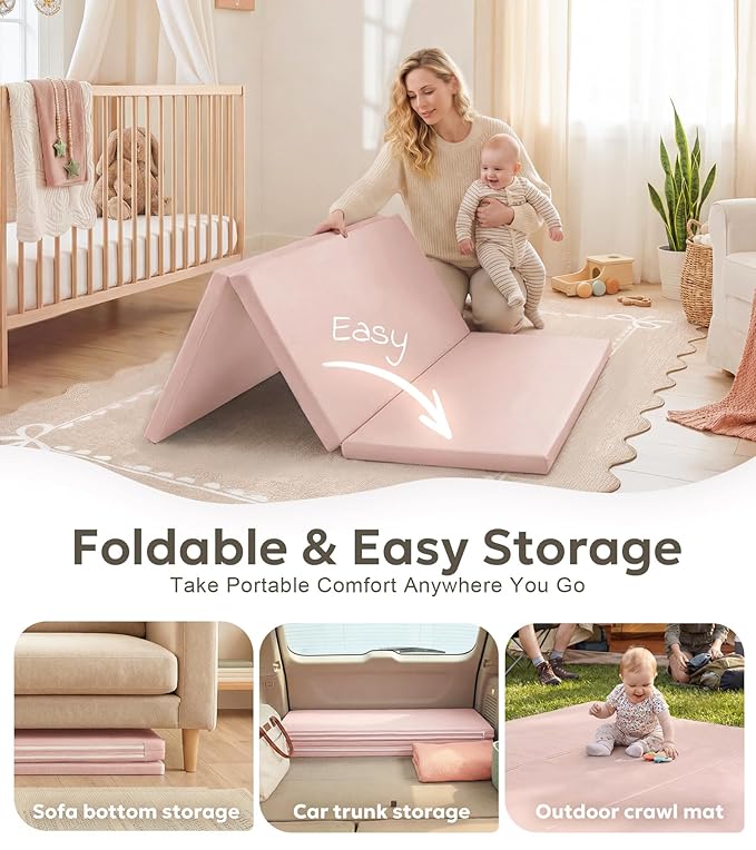Mallify Foldable Baby Play Mat, 50''x50'' Waterproof Thicken Foam Vegan Leather Playpen Mat for Infants and Toddlers, Portable Baby Mat for Floor, Pink